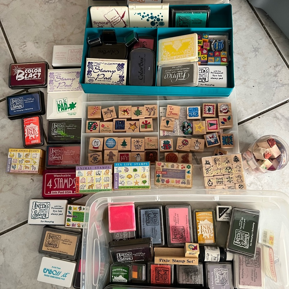 Lot of rubber stamps and ink